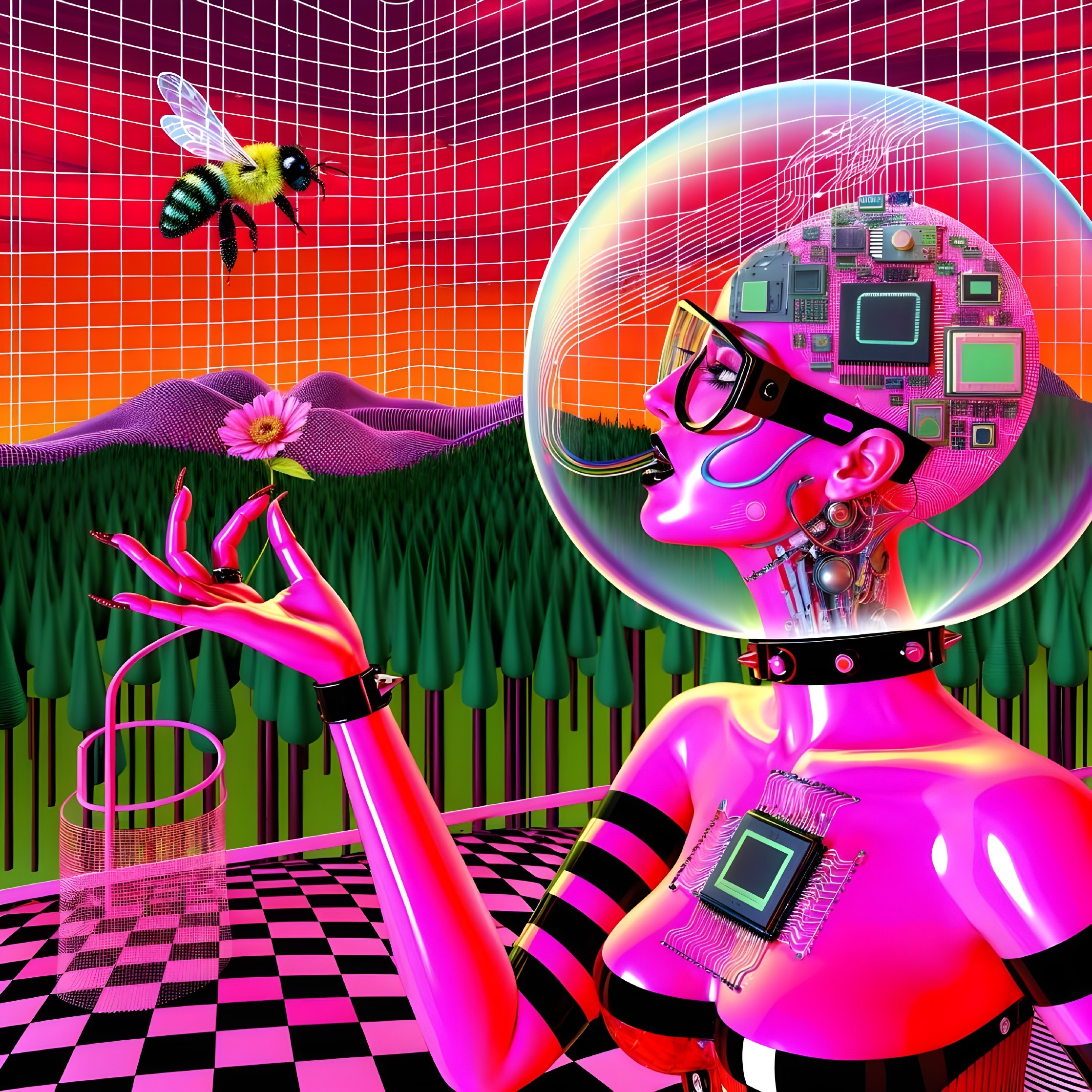 Futuristic Scene with Humanoid and Abstract Landscape