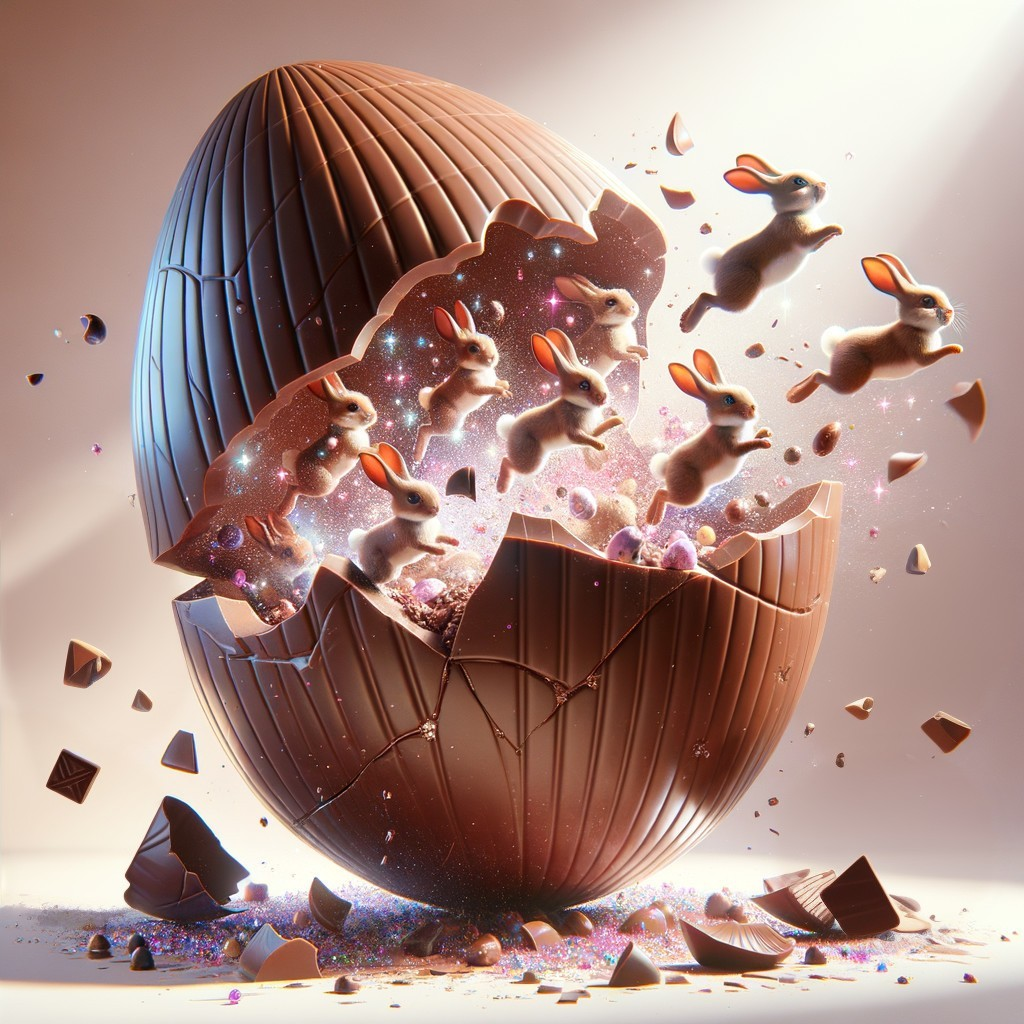 Giant Chocolate Egg with Bunnies in a Festive Scene