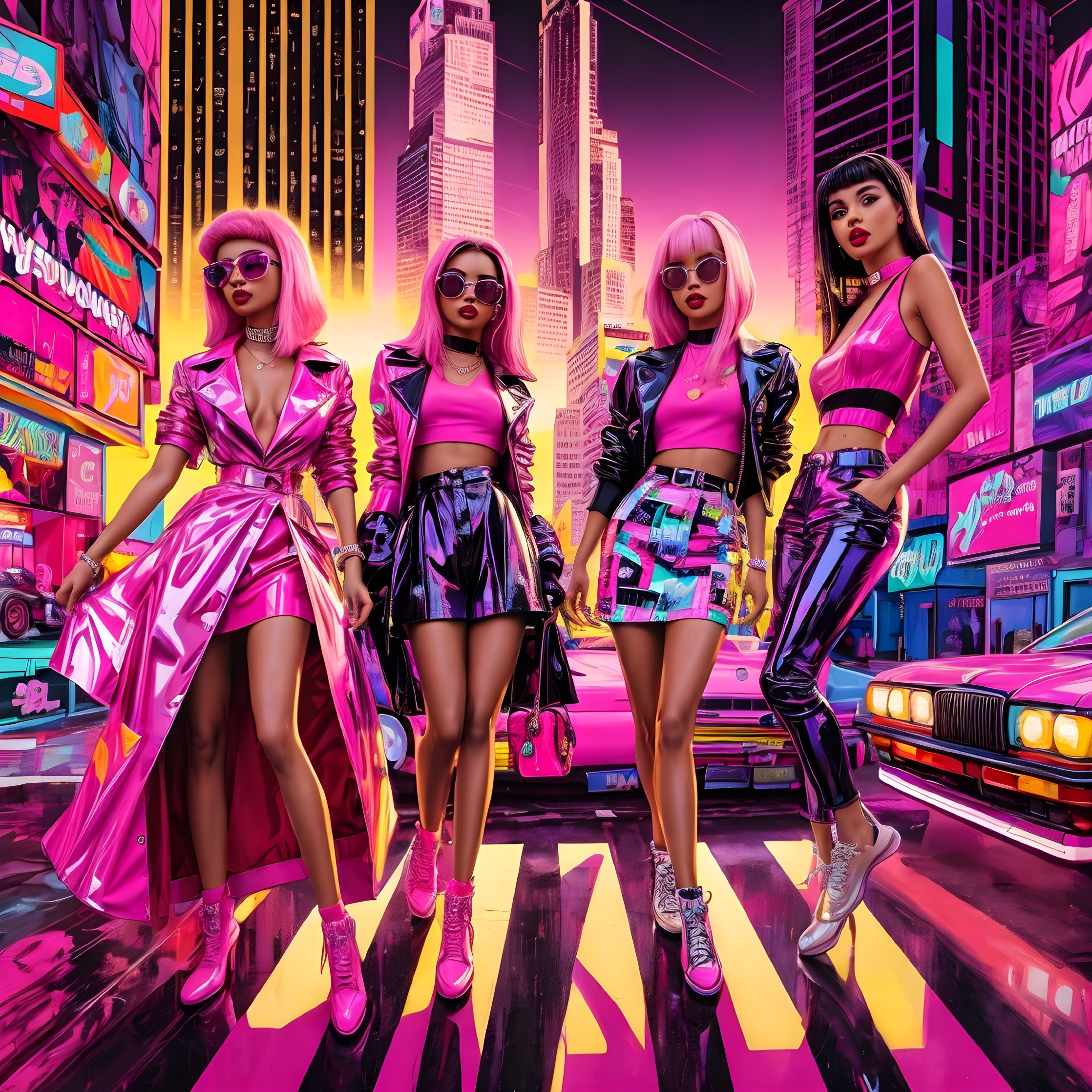 Stylish Women in Pink Outfits in Urban Setting