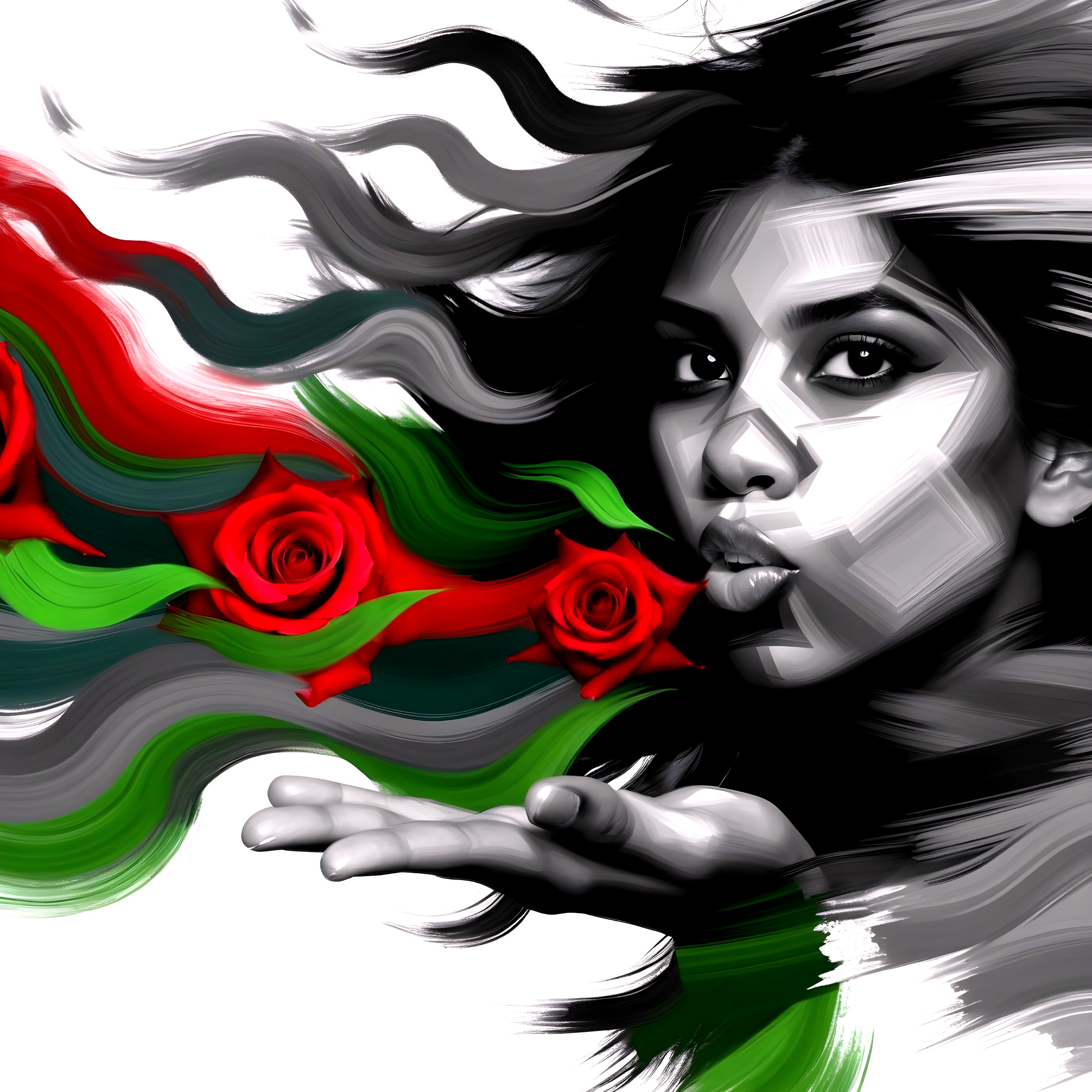 Stylized portrait of a woman with roses and flowing hair