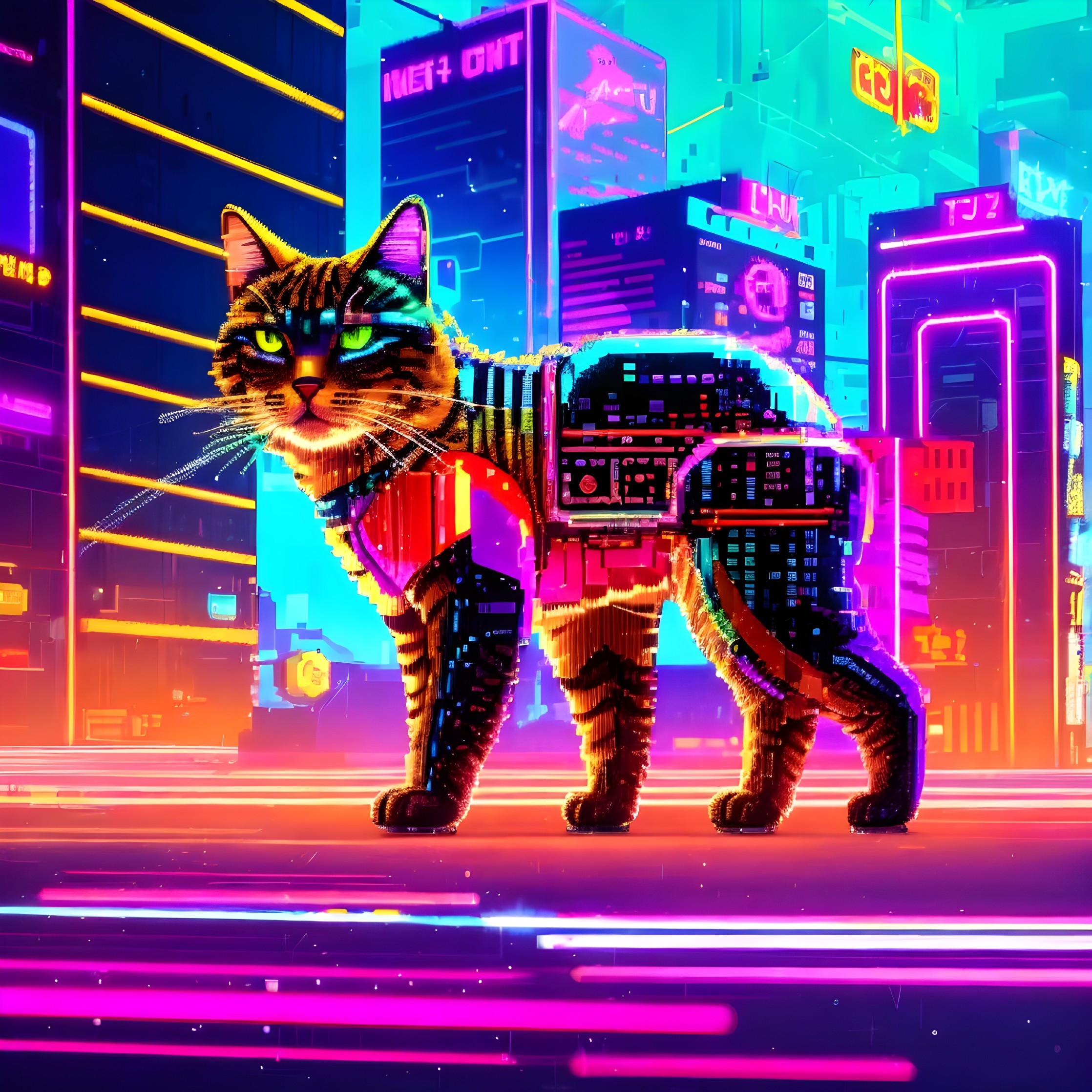 Futuristic Cat in Neon-Lit Urban Environment
