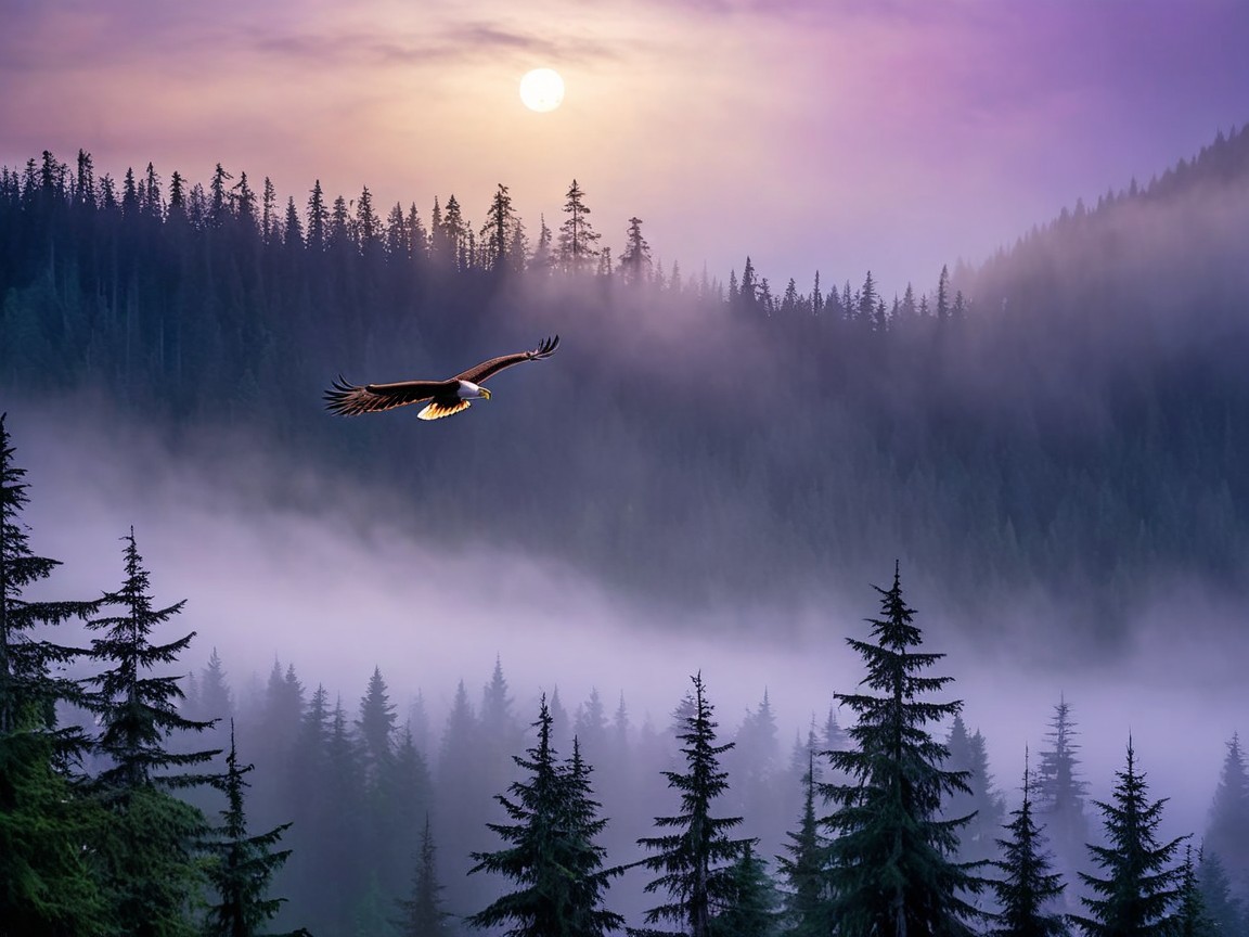 Eagle Soaring Over Misty Forest at Sunrise