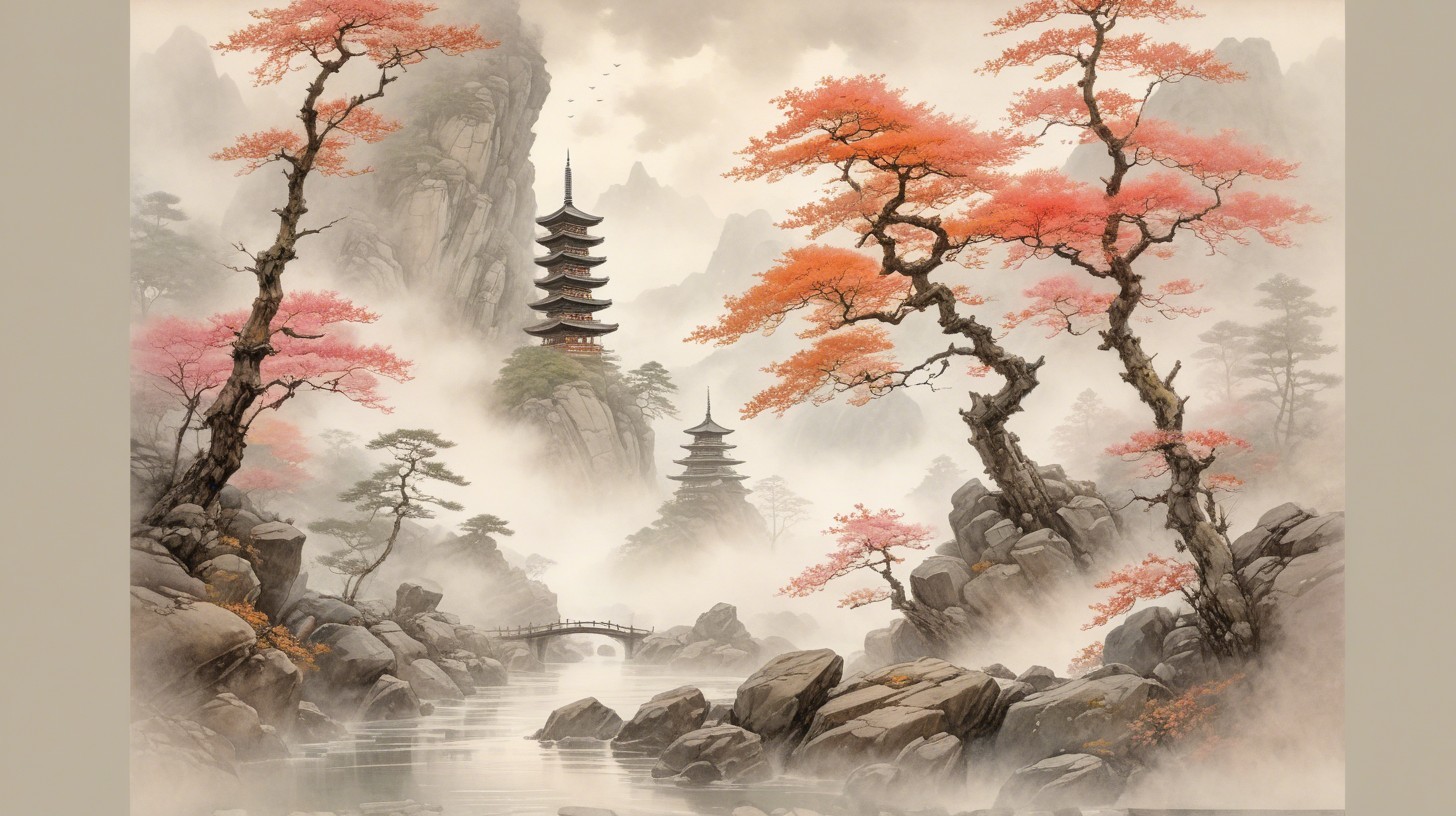 Misty Oriental Landscape with Pagodas and Maple Trees