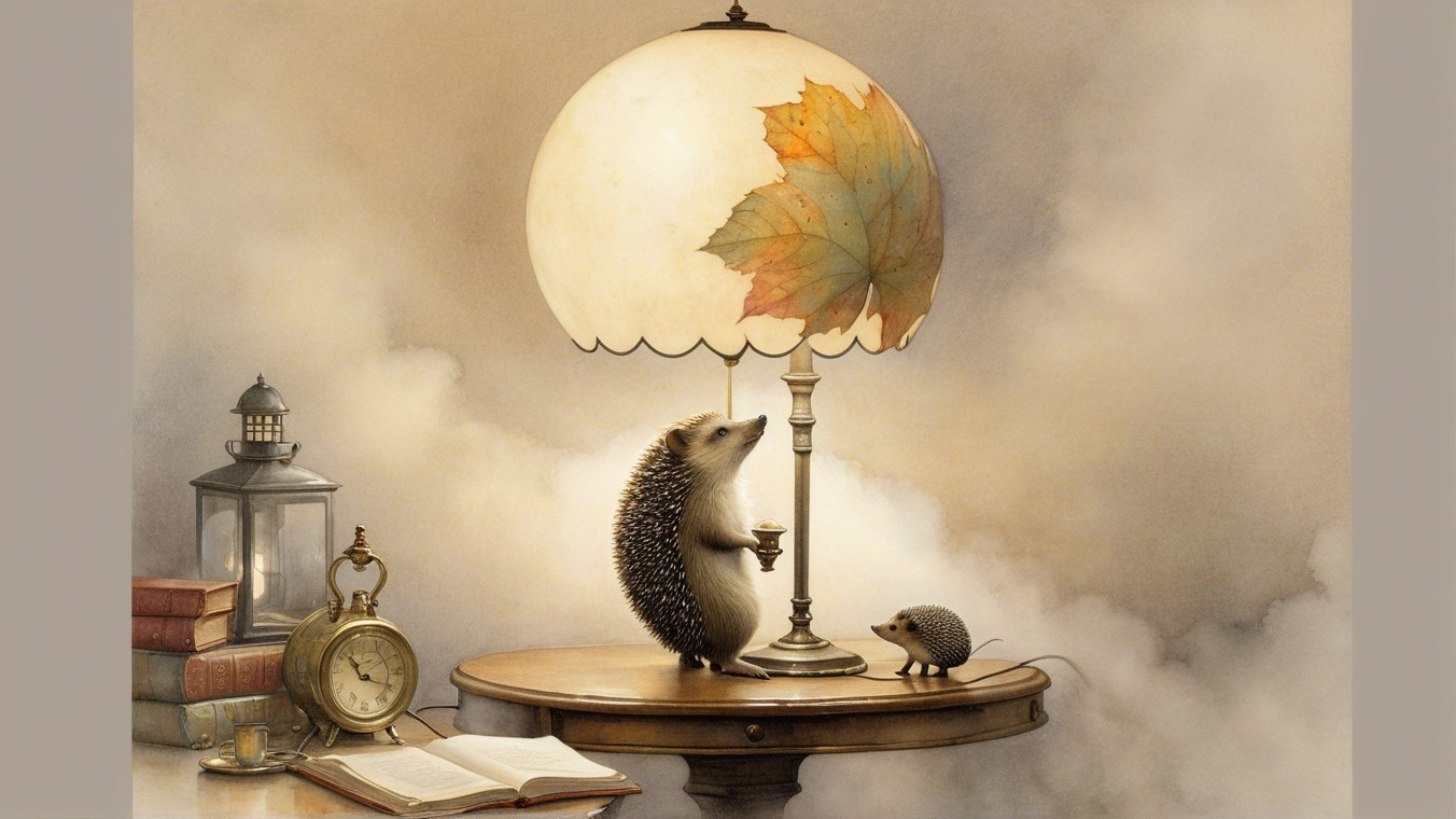 Hedgehogs by a Quaint Table with Lamp and Books