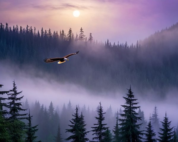 Eagle Soaring Over Misty Forest at Sunrise