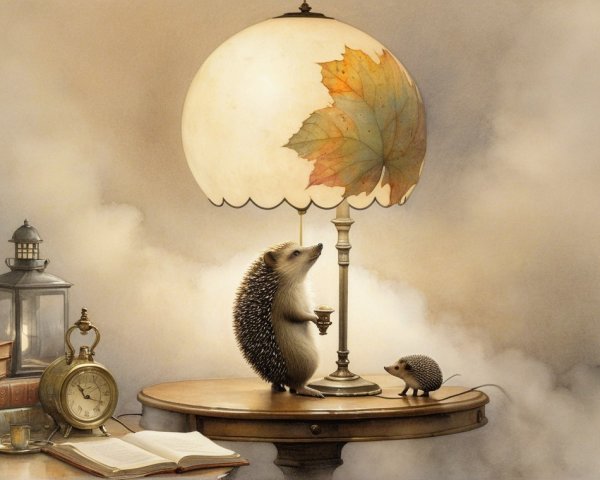 Hedgehogs by a Quaint Table with Lamp and Books
