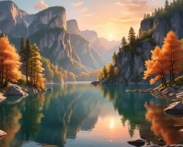 Tranquil Lake Surrounded by Majestic Mountains at Sunset