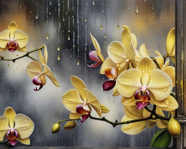 Vibrant Yellow Orchids with Purple Accents in Rain