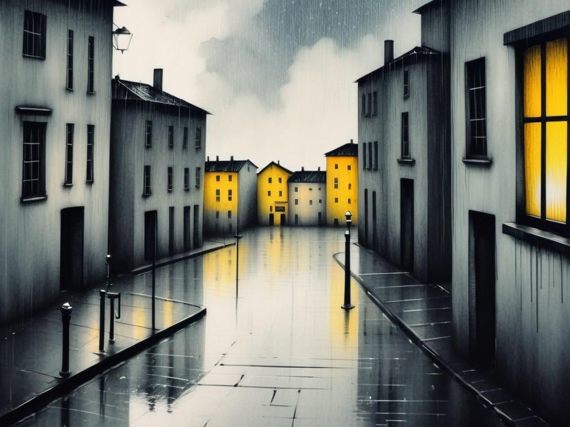 Moody Rain-Soaked Street Scene with Dimly Lit Buildings