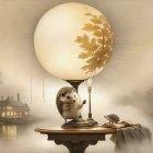 Hedgehogs by a Quaint Table with Lamp and Books