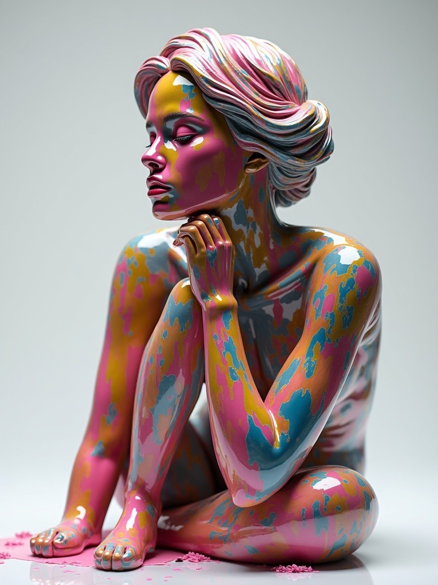 Contemplative Seated Figure with Colorful Abstract Design
