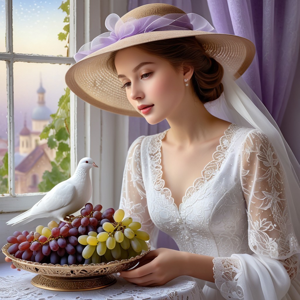 Young woman in lace dress by window with grapes and dove