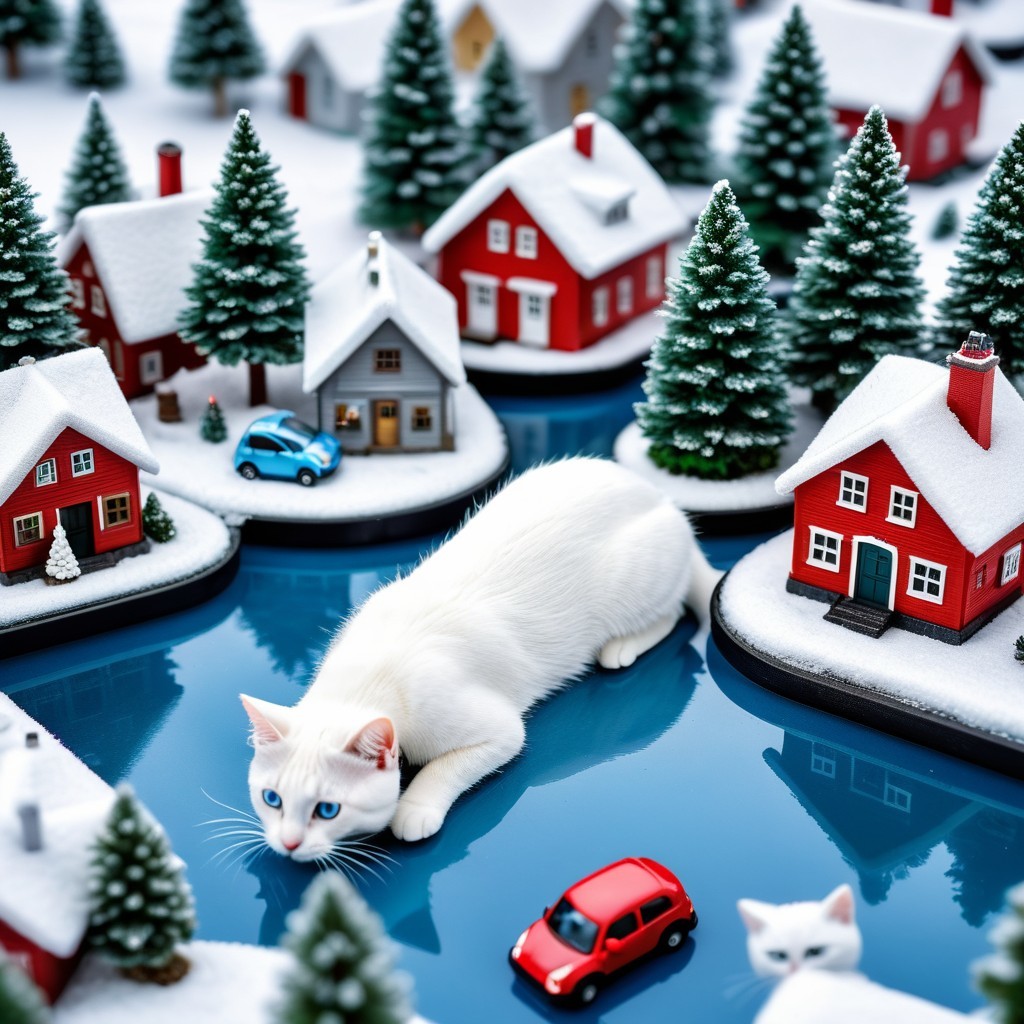 Winter Scene with Cat, Snowy Houses, and Trees