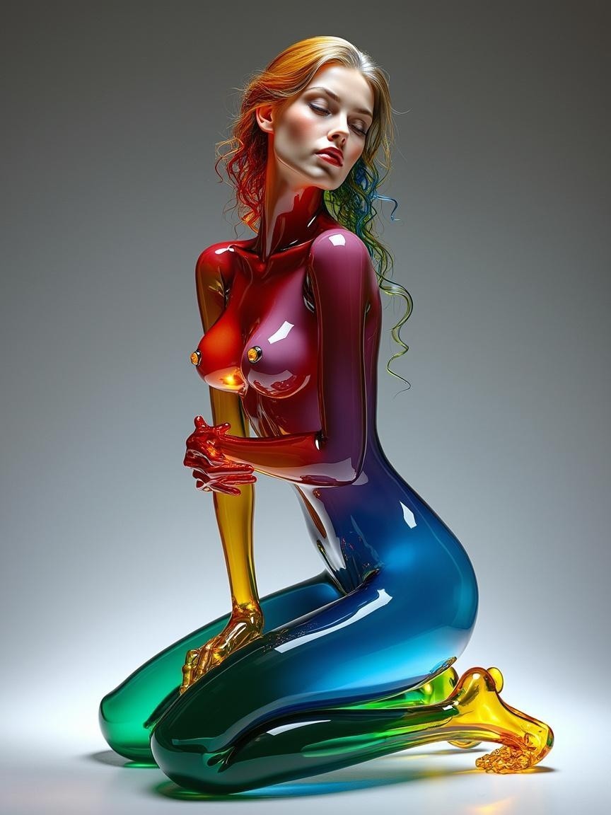 Colorful Translucent Human-like Figure in Kneeling Pose