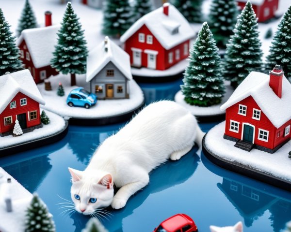 Winter Scene with Cat, Snowy Houses, and Trees