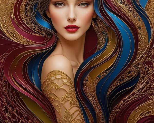 Portrait of a Woman with Vibrant Hair and Lace Patterns