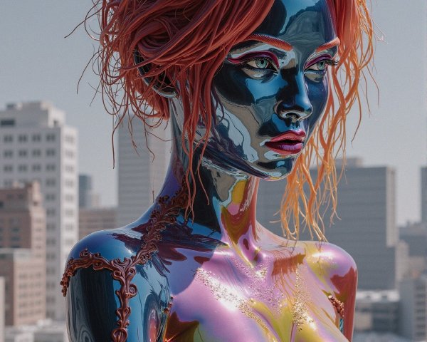 Futuristic Female Figure with Vibrant Reflective Skin