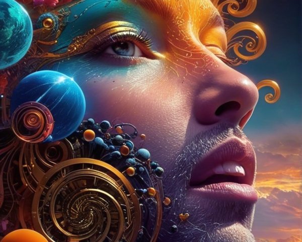 Surreal Portrait Blending Cosmic Elements and Landscape