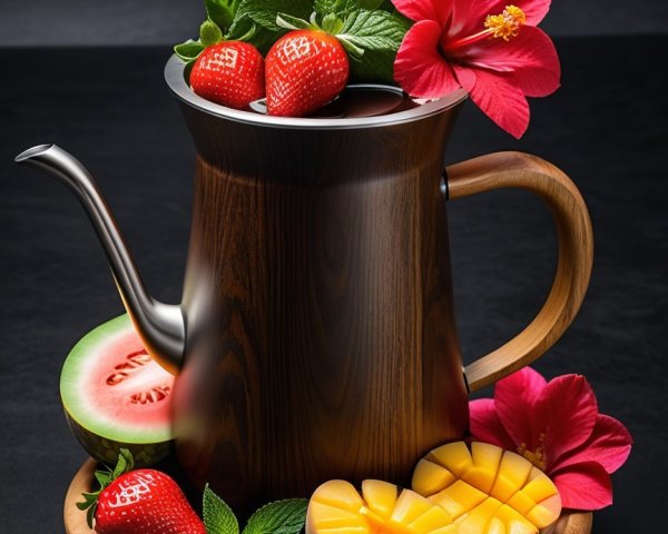 Wooden Teapot with Fruits and Flowers Arrangement