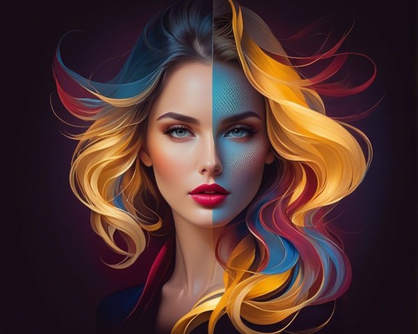 Digital Portrait of Young Woman with Split Design