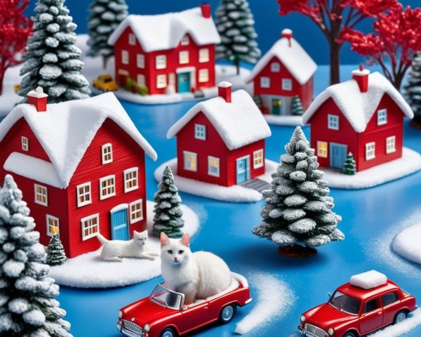 Whimsical Winter Scene with Snowy Red Houses