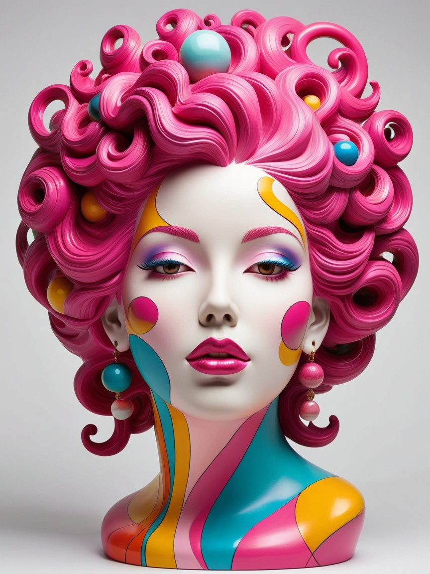 Bust of a woman with vibrant pink hair and bold patterns