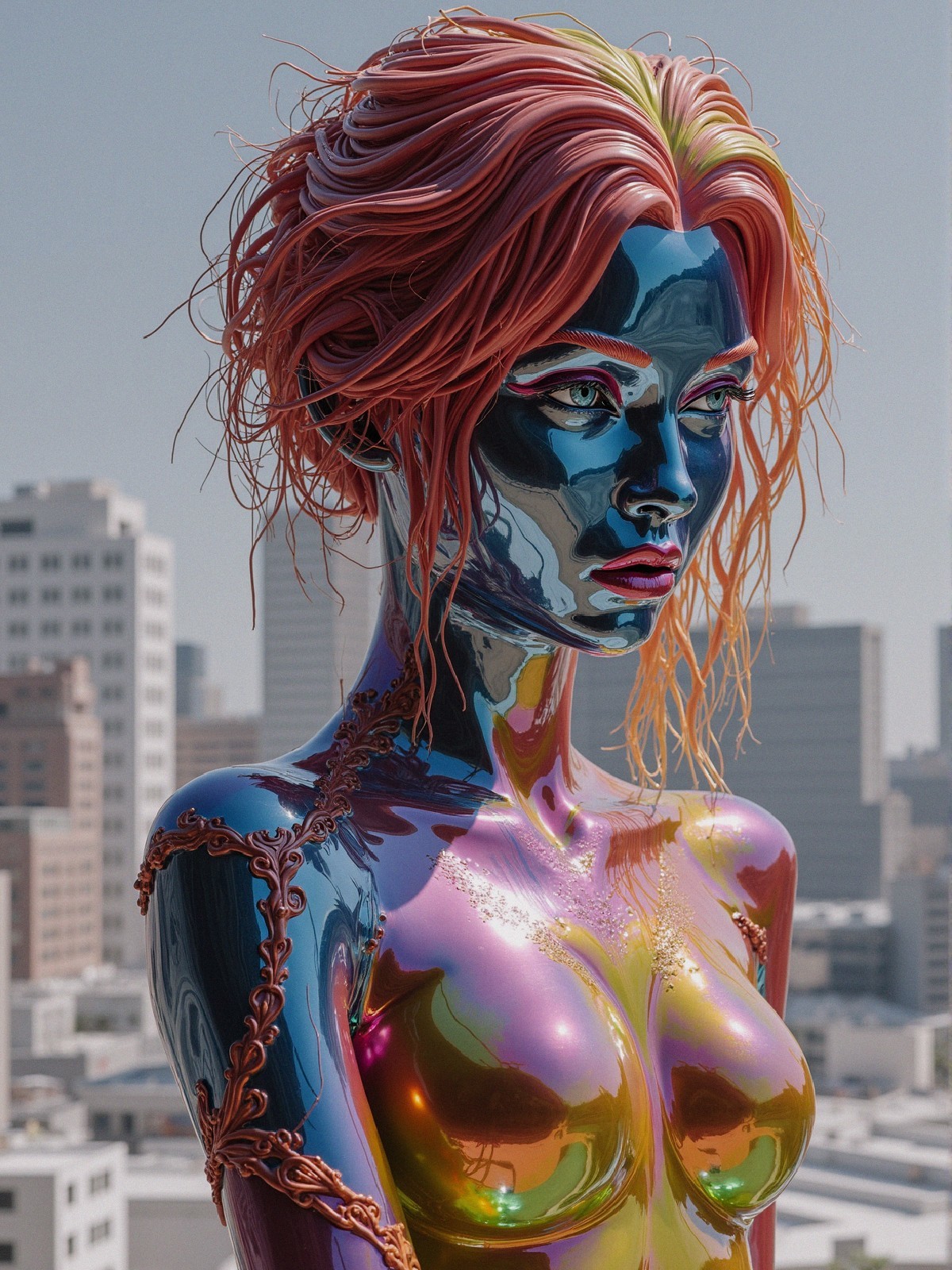Futuristic Female Figure with Vibrant Reflective Skin
