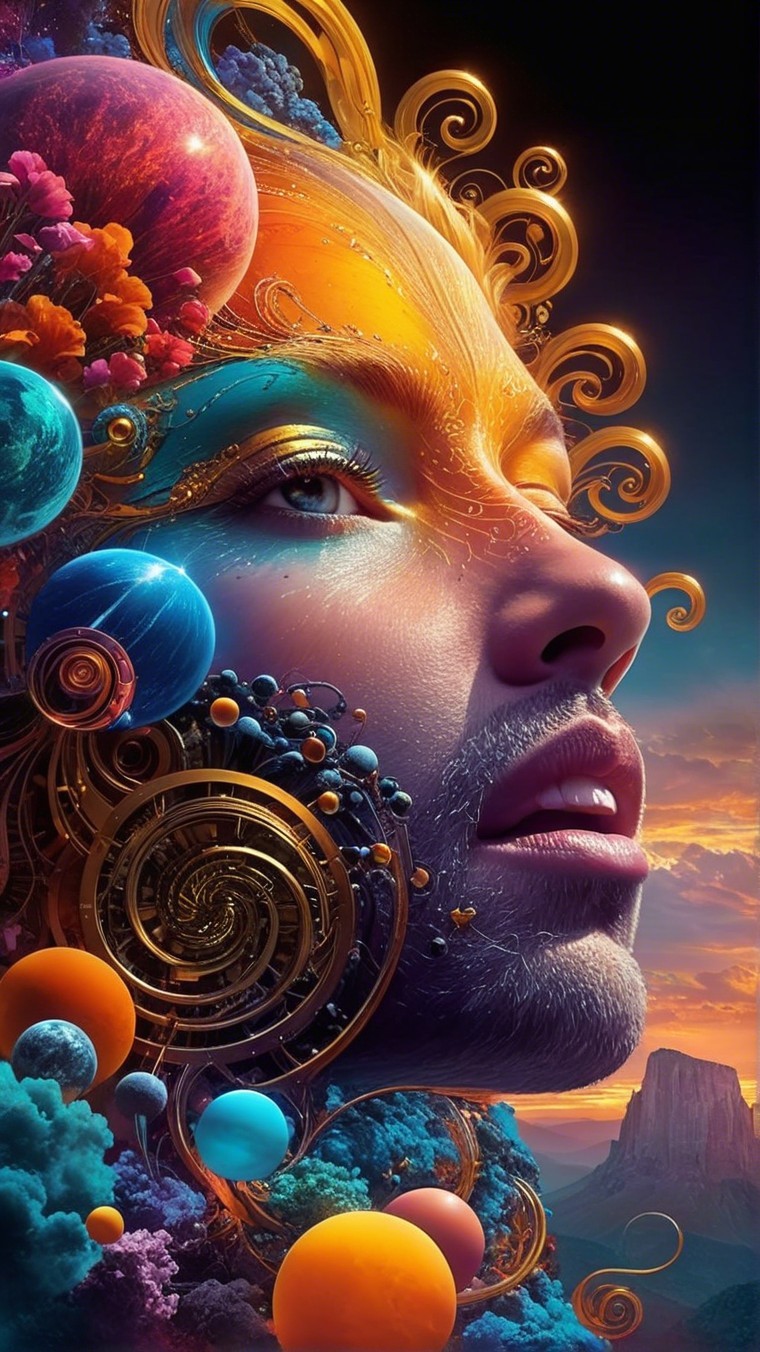 Surreal Portrait Blending Cosmic Elements and Landscape