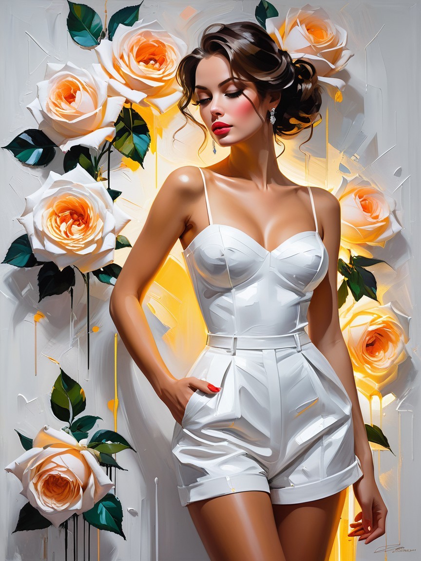 Confident Woman in Chic White Romper Among Roses