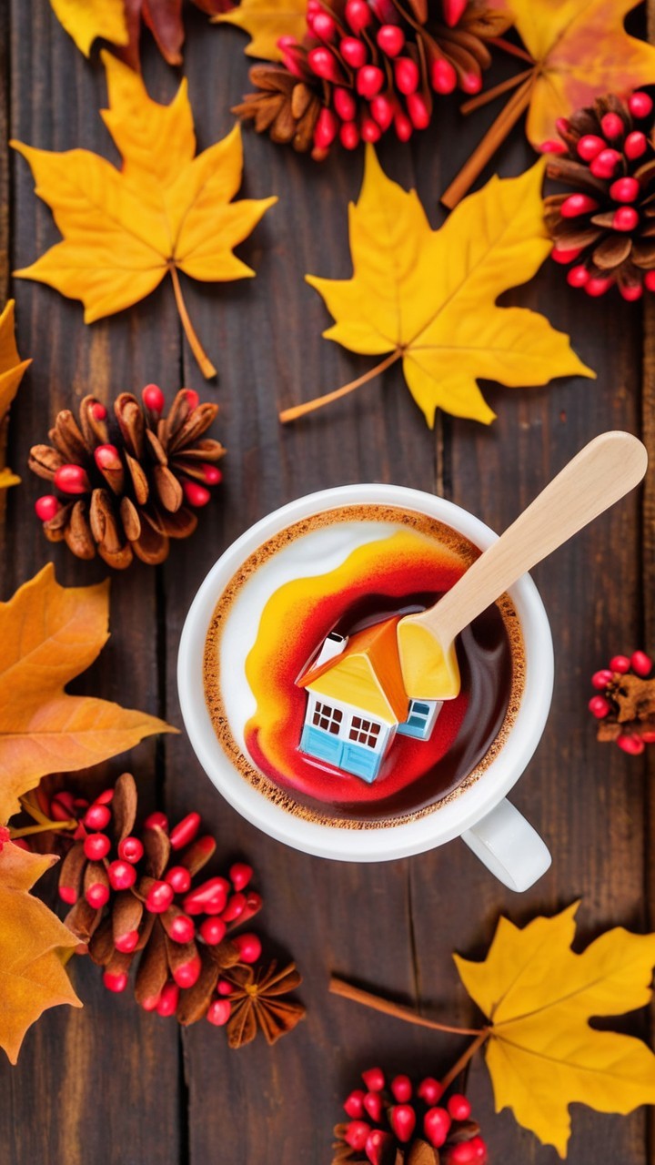 Whimsical Coffee Scene with Miniature House and Autumn Decor