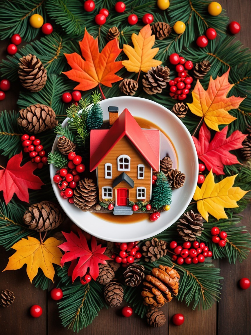 Miniature House on Plate Surrounded by Autumn Decor
