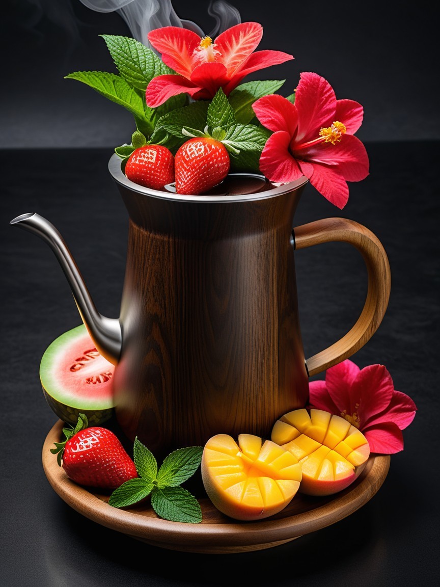 Wooden Teapot with Fruits and Flowers Arrangement