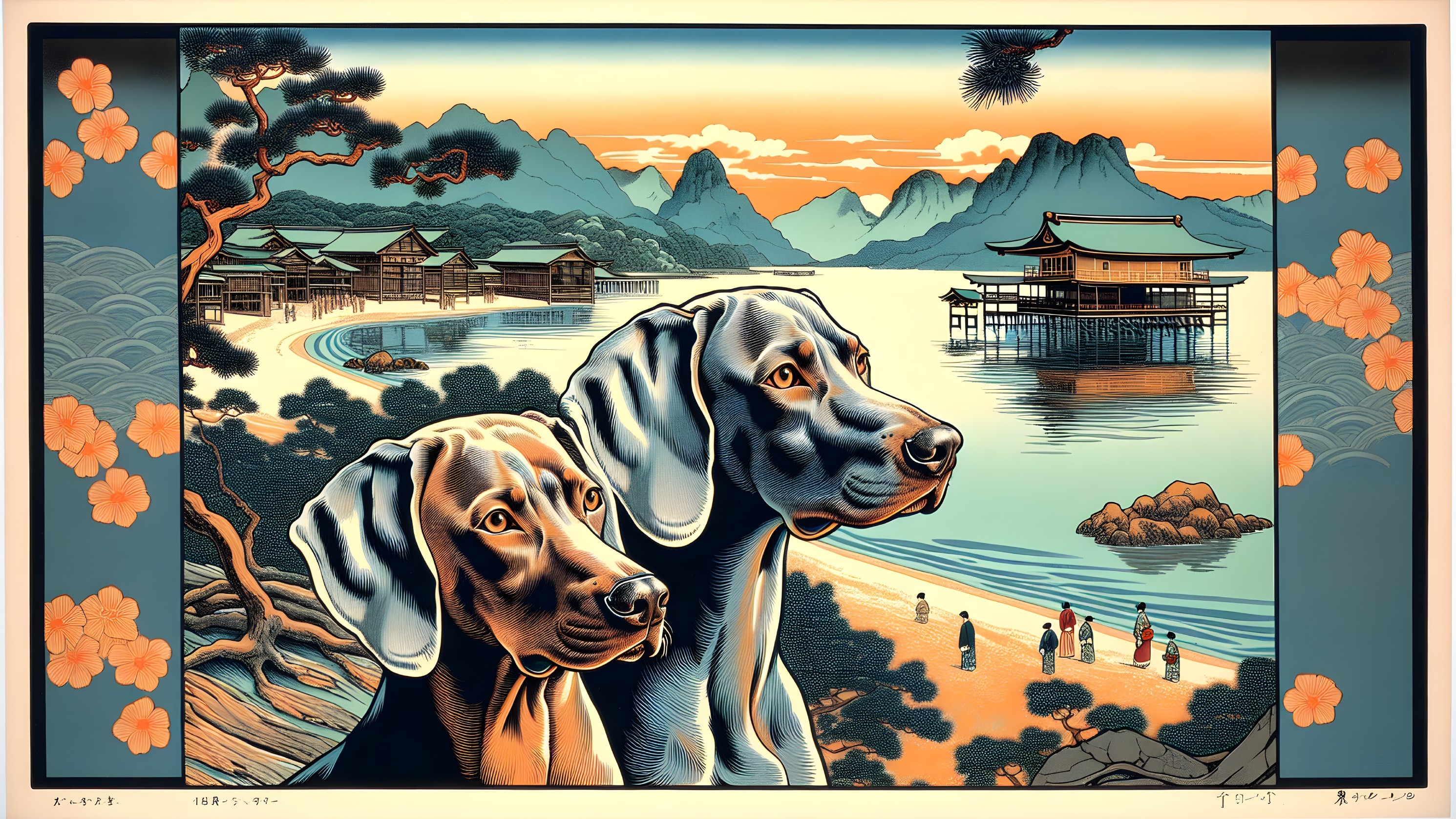 Ukiyo-e Artwork of Dogs Overlooking Japanese Bay