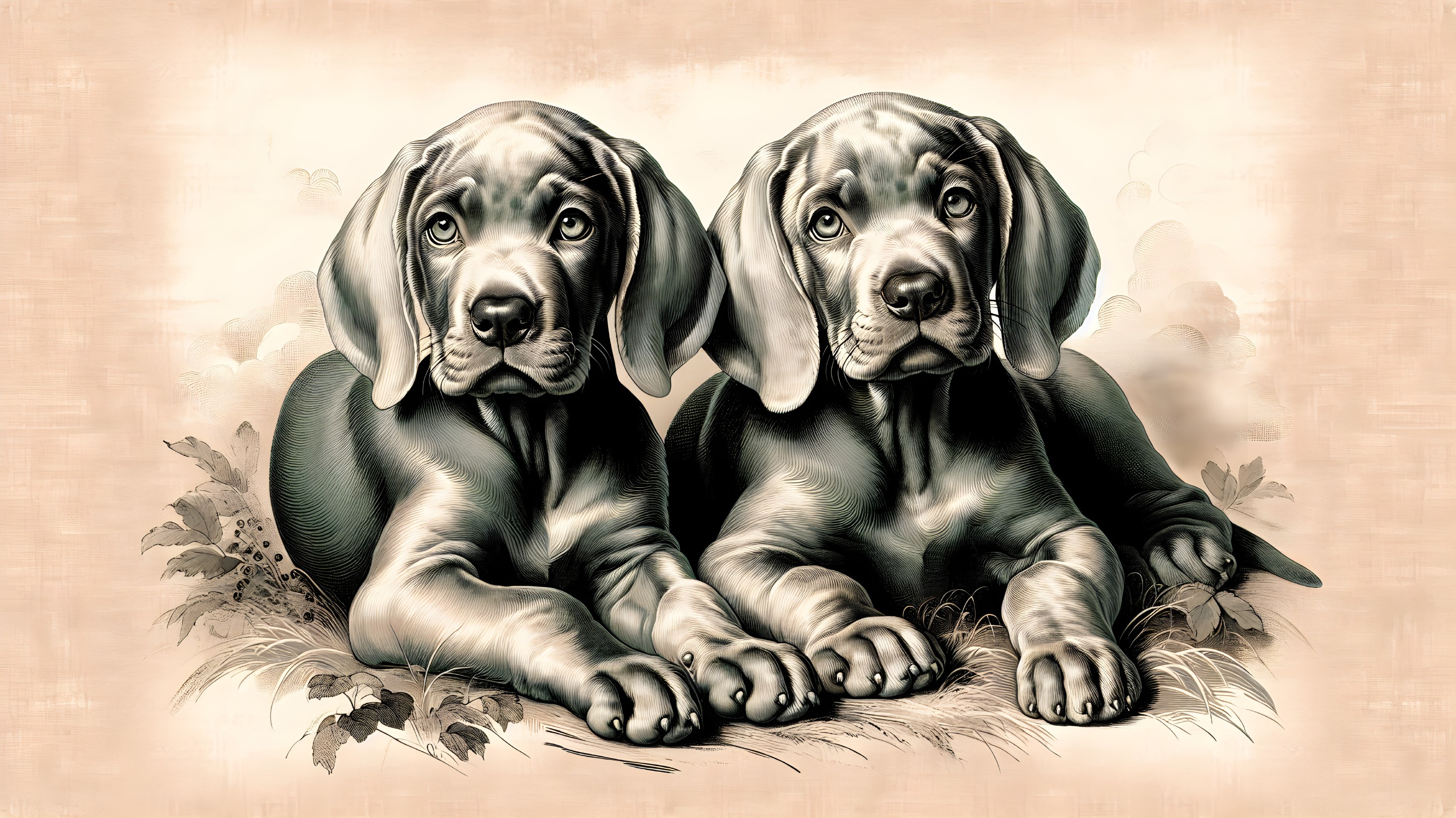 Two Puppies Relaxing on Grass with Soft Fur