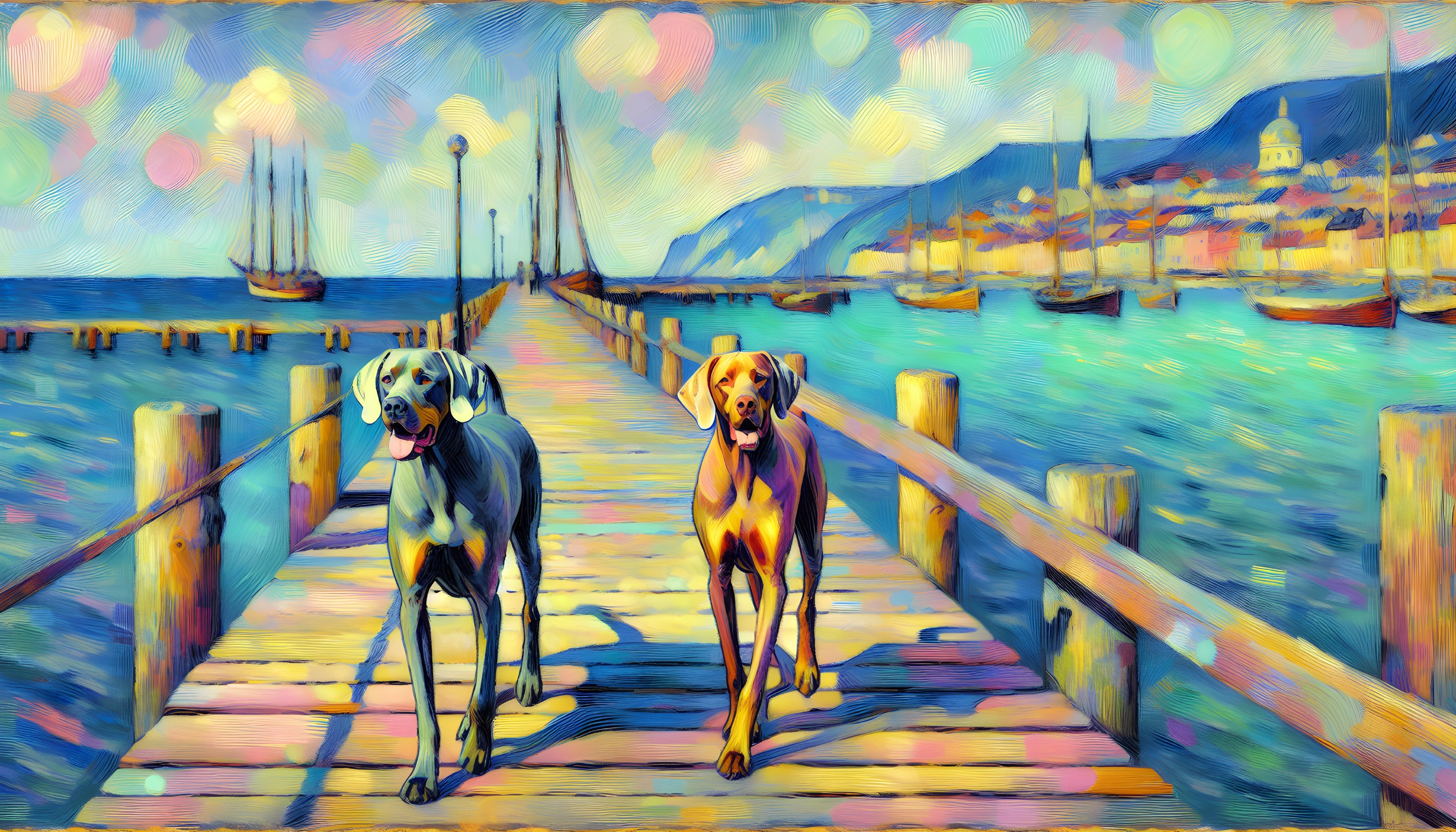 Dogs on a wooden pier by a vibrant blue sea