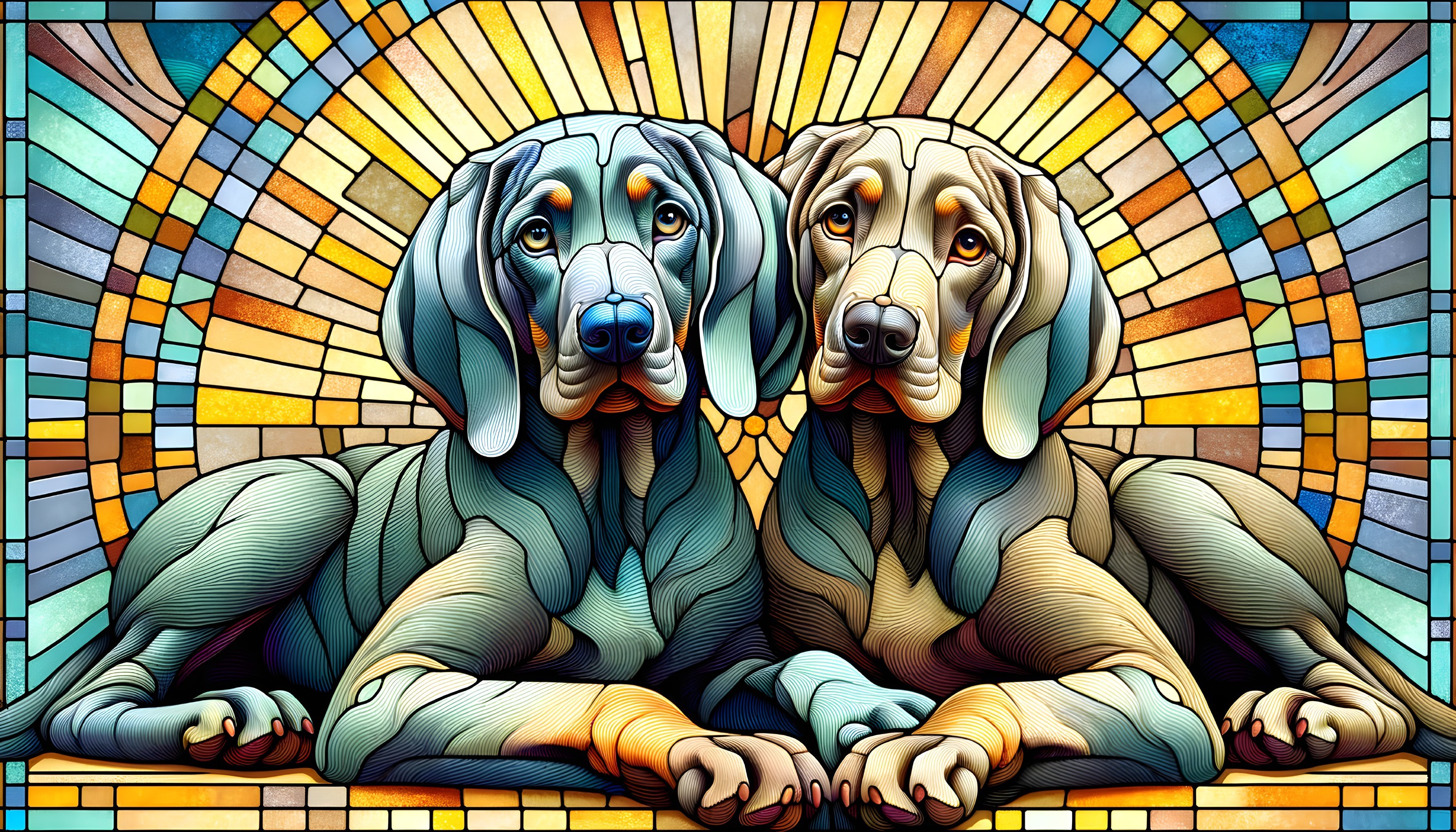 Vibrant Stained Glass Artwork of Two Resting Dogs