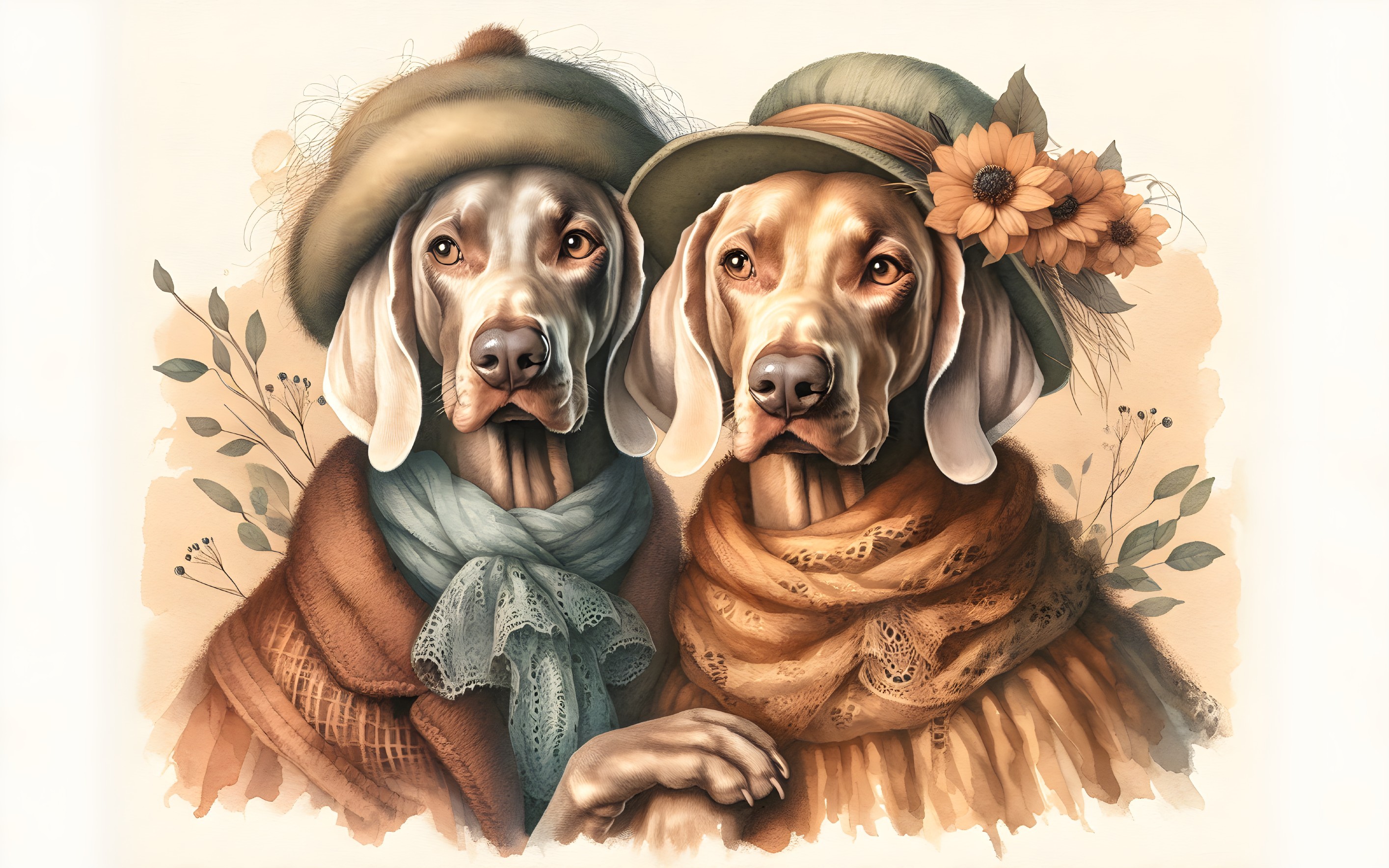 Elegantly Dressed Dogs in Floral Hats and Scarves