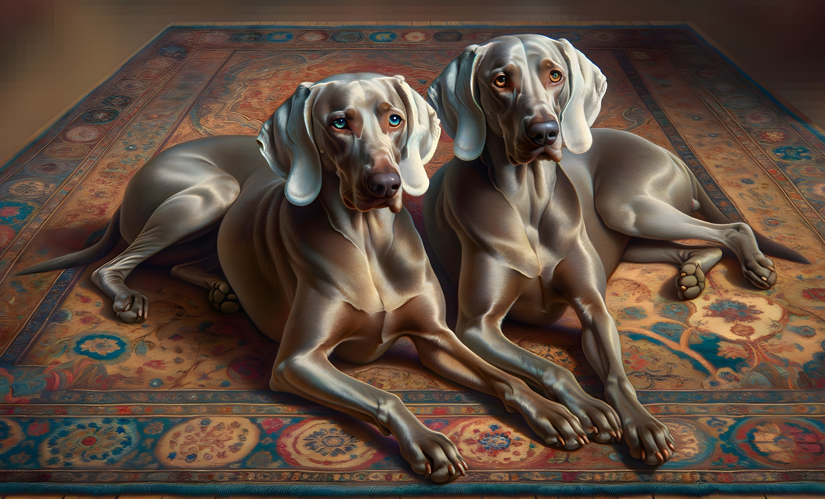 Weimaraners Resting on Ornate Rug with Warm Backdrop