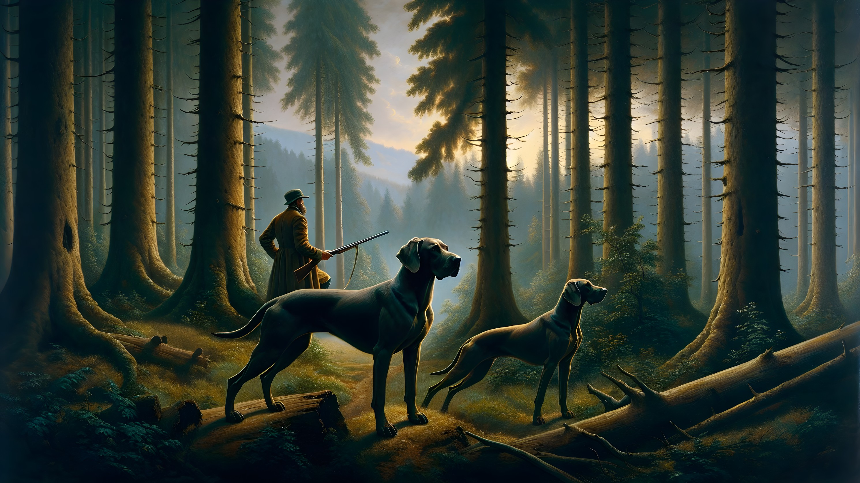 Hunter with Dogs in Serene Forest Morning Light