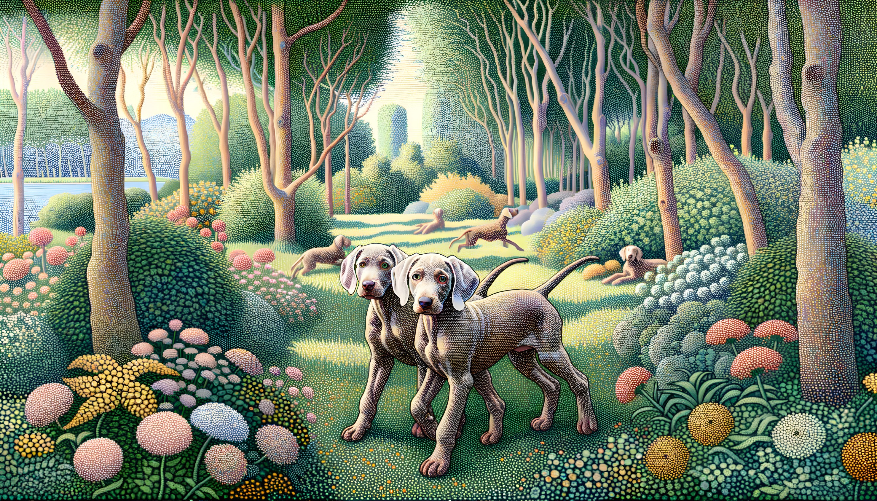 Weimaraner Puppies in a Pointillist Forest Scene