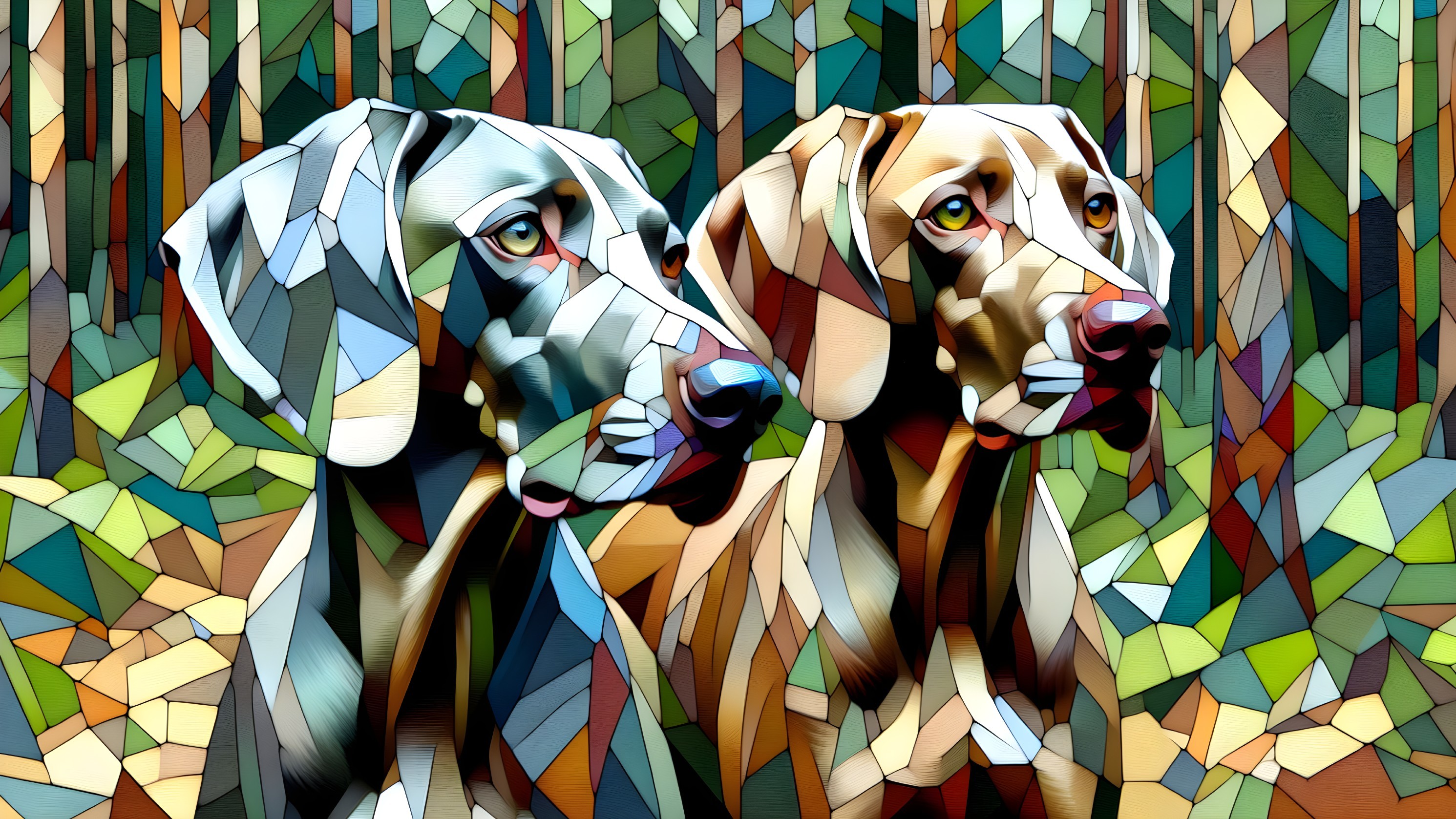 Stylized Dogs in Geometric Art with Vibrant Background