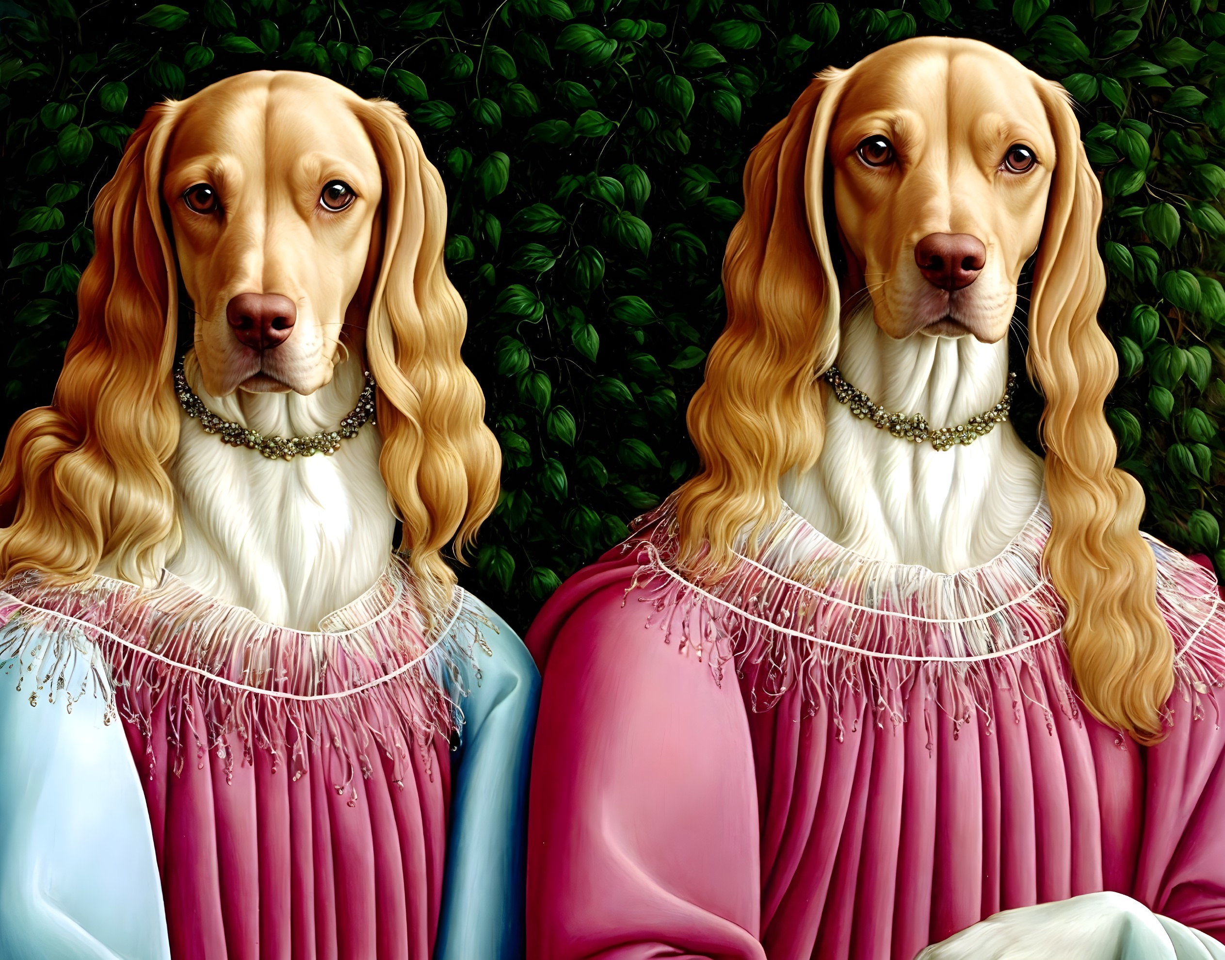 Dogs in Aristocratic Attire Surrounded by Greenery