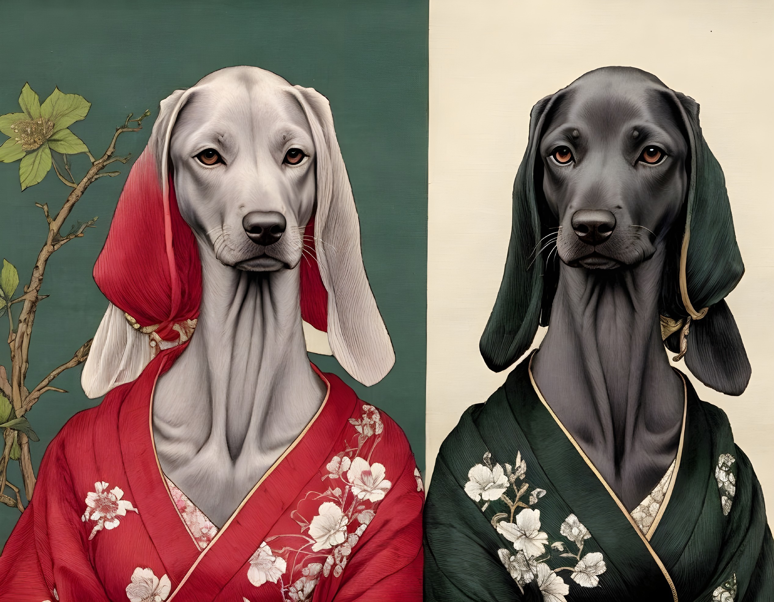Stylized portraits of dogs in kimonos against floral backdrop
