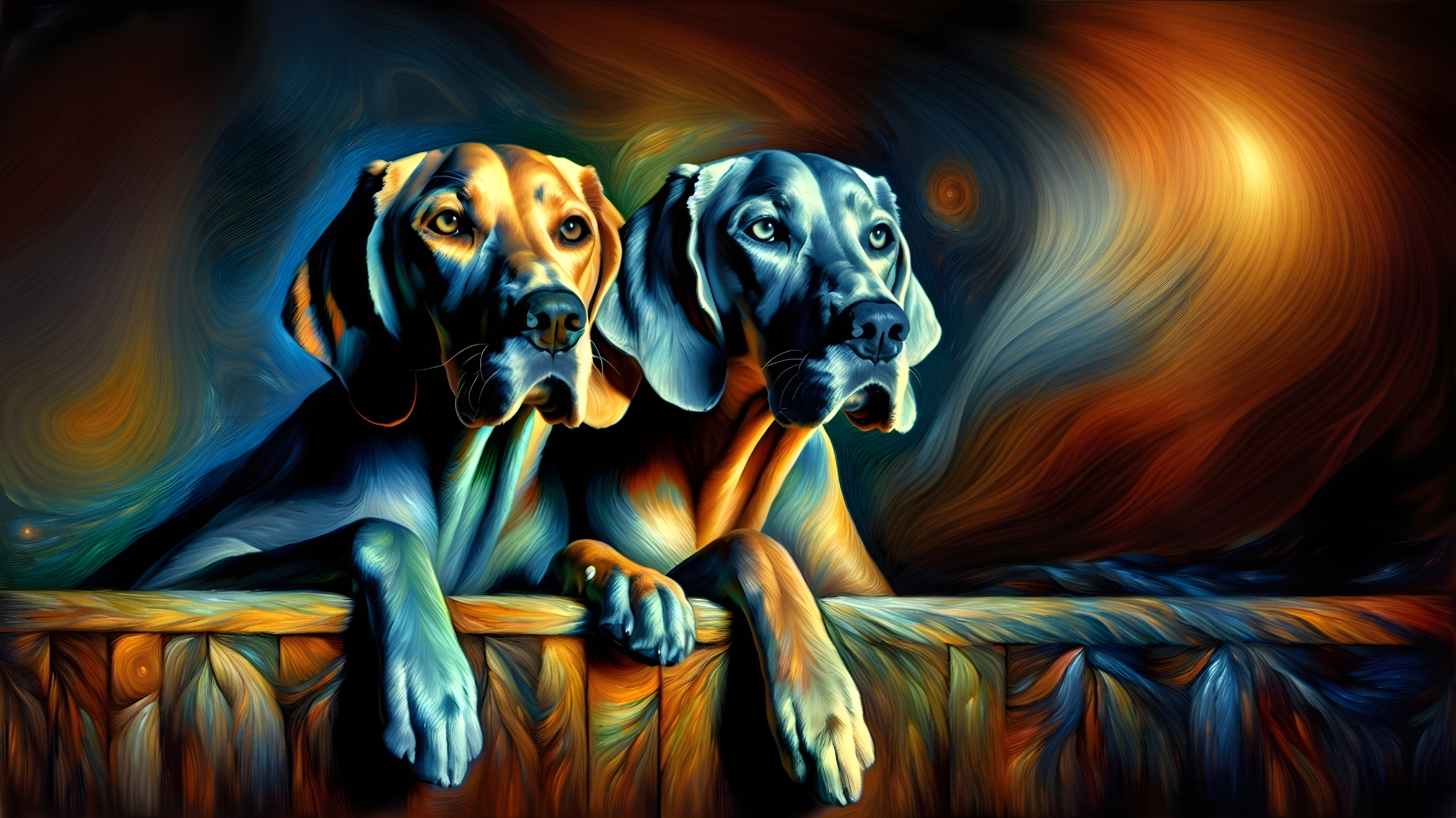 Stylized dogs with vibrant fur by a wooden fence