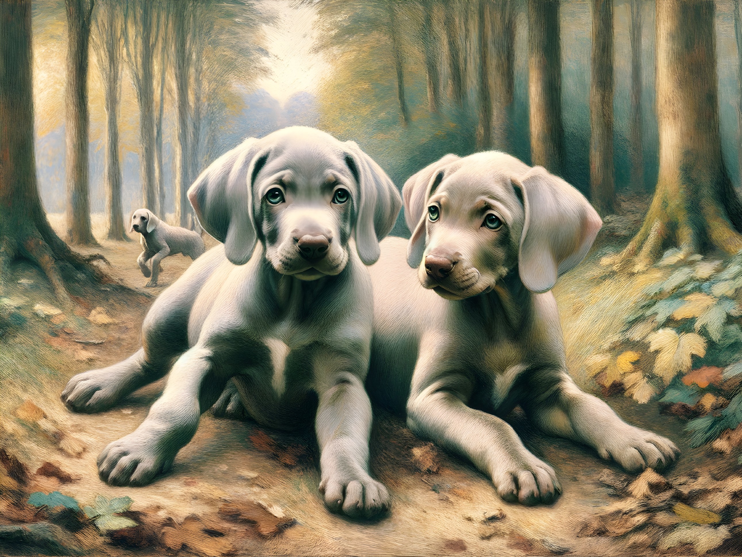 Labrador Puppies in a Serene Autumn Forest Scene