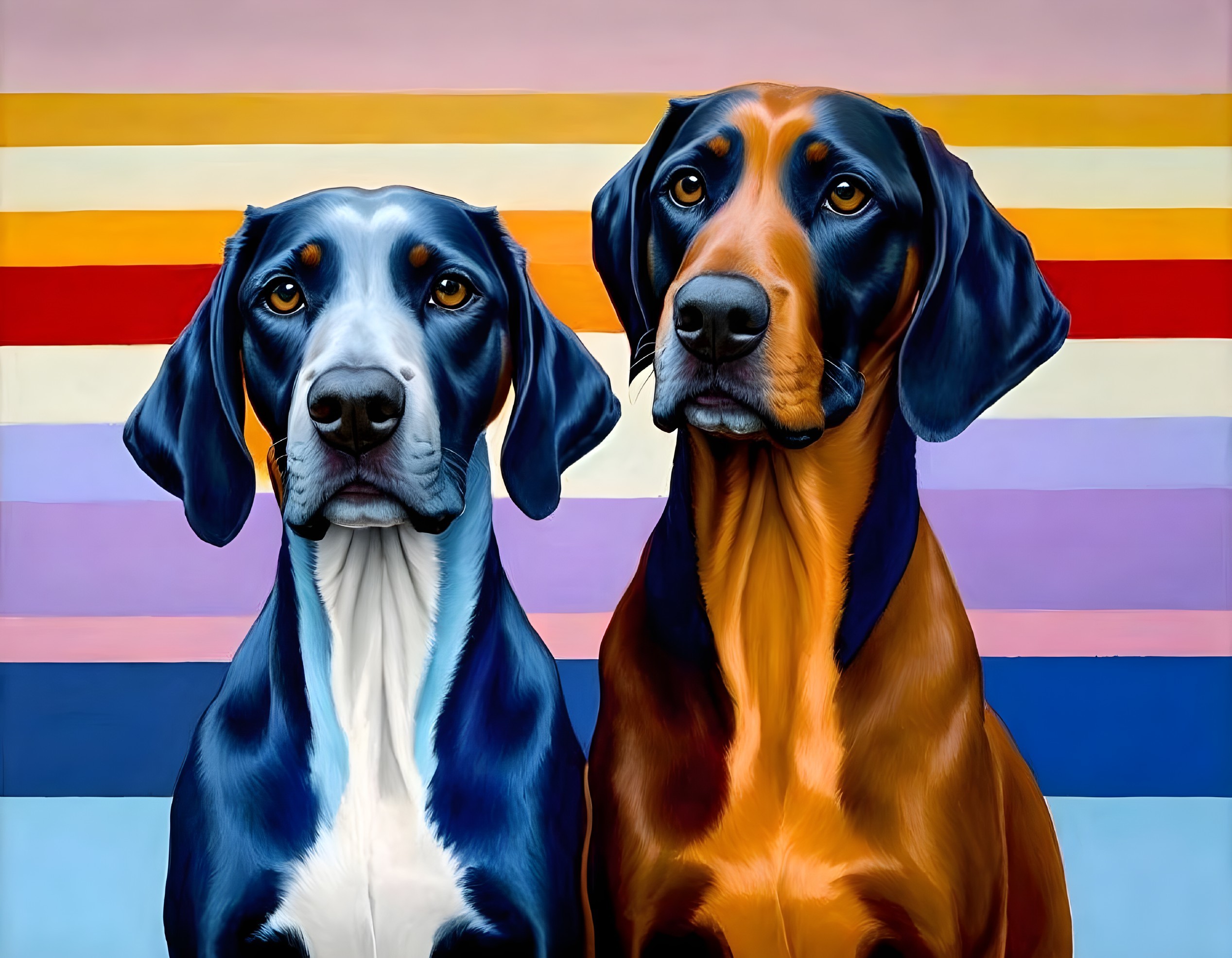 Two dogs on colorful striped background.