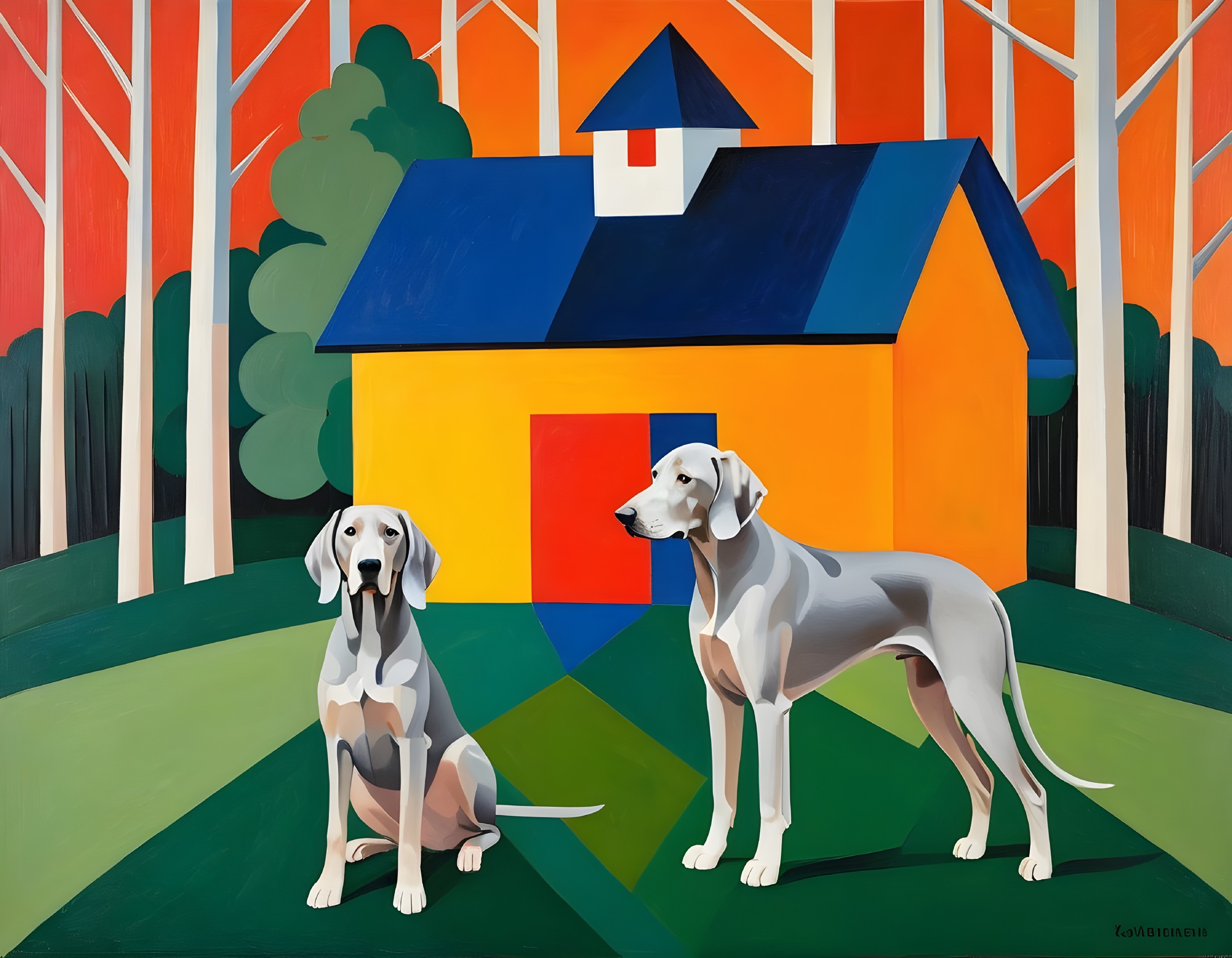 Stylized Dogs in Vibrant Geometric Landscape