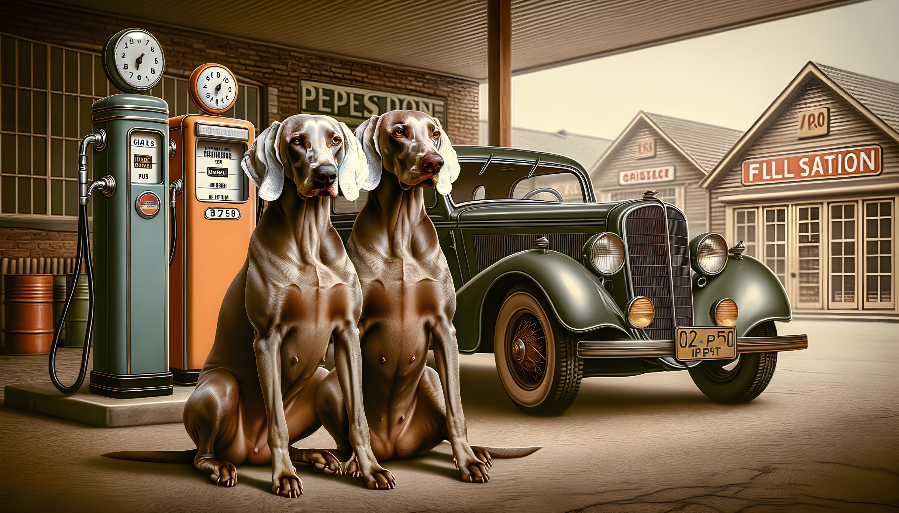 Elegant Weimaraner Dogs at Vintage Gas Station Scene