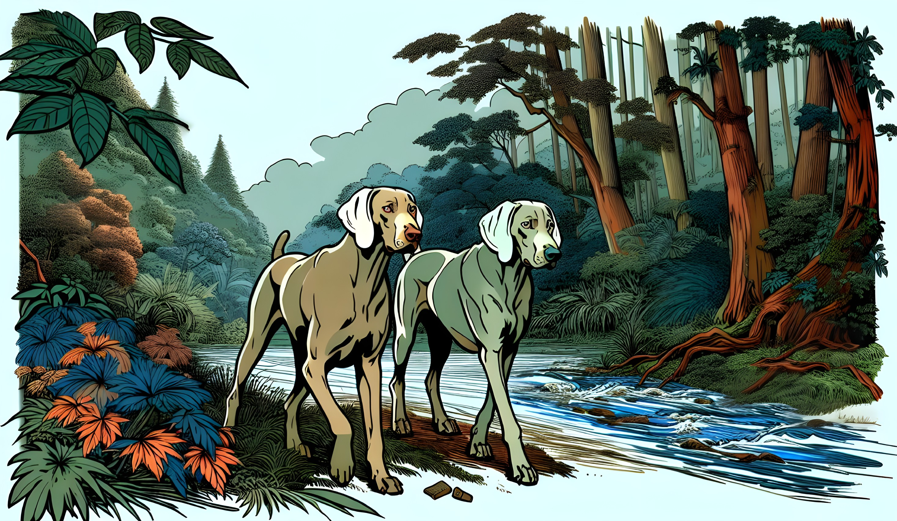 Dogs Walking by a Serene River in Lush Greenery