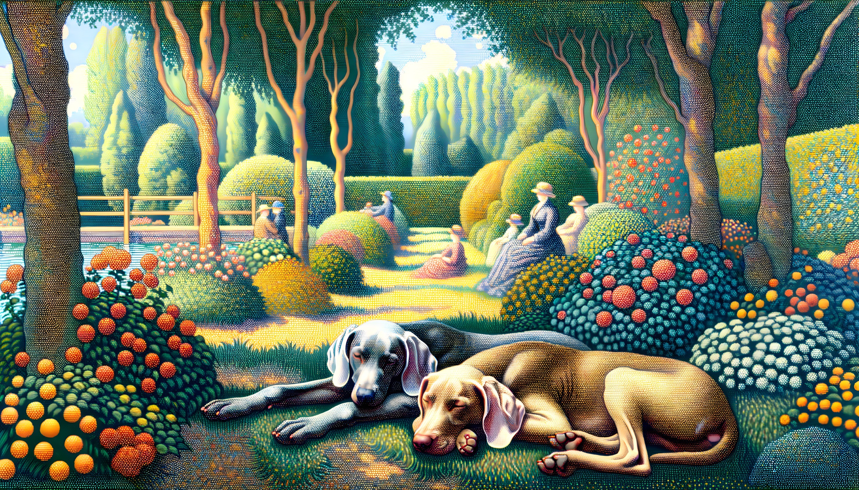 Vibrant Garden Scene with Dogs and Blooming Flowers